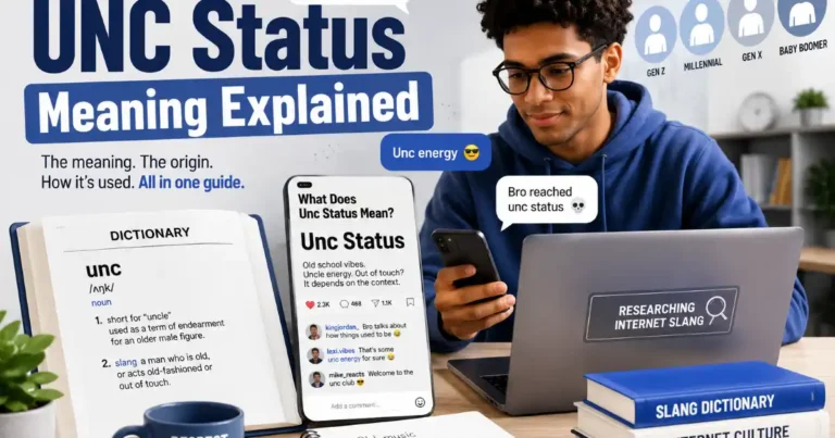 Unc status meaning explained with a person researching slang on a laptop
