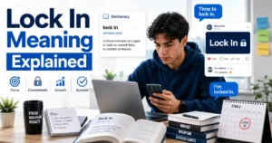 Lock in meaning explained with a person focused on a laptop and phone