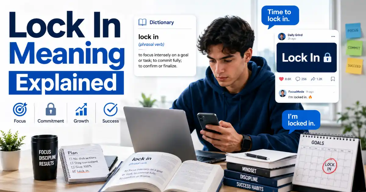 Lock in meaning explained with a person focused on a laptop and phone