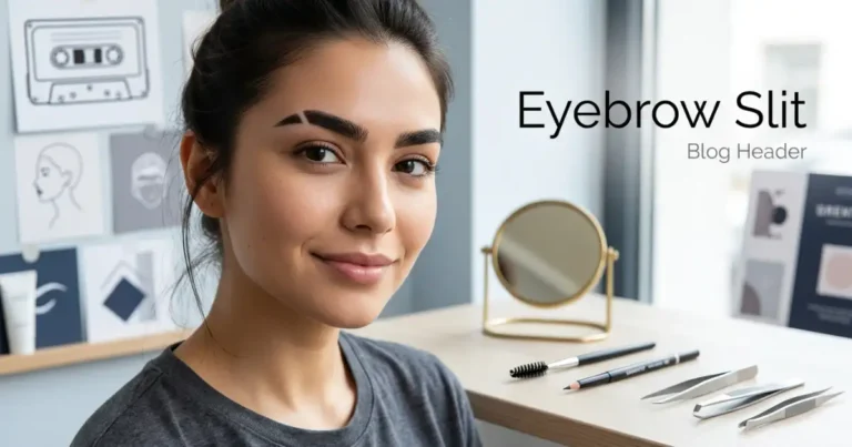 Eyebrow slit style showing a clean shaved gap through a shaped eyebrow