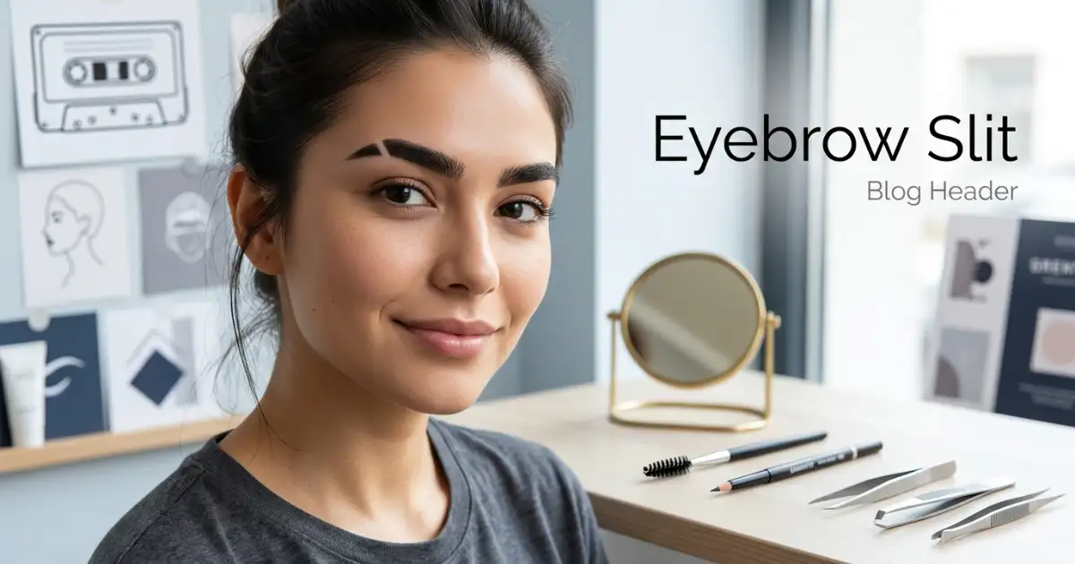 Eyebrow slit style showing a clean shaved gap through a shaped eyebrow