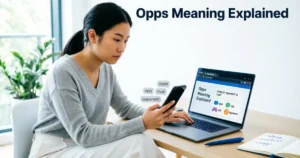 Opps meaning explained with slang examples on a smartphone and laptop