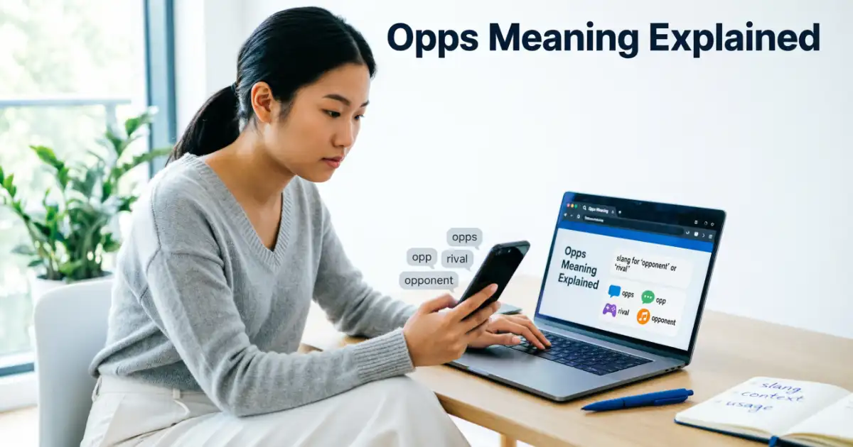 Opps meaning explained with slang examples on a smartphone and laptop