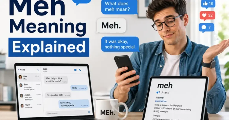 Person using a smartphone while reading the word meh and learning its meaning