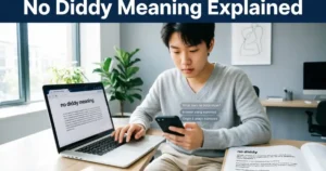 No Diddy meaning explained with a person researching internet slang on a laptop