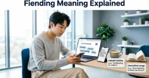 Person researching the meaning of fiending slang on a laptop and smartphone
