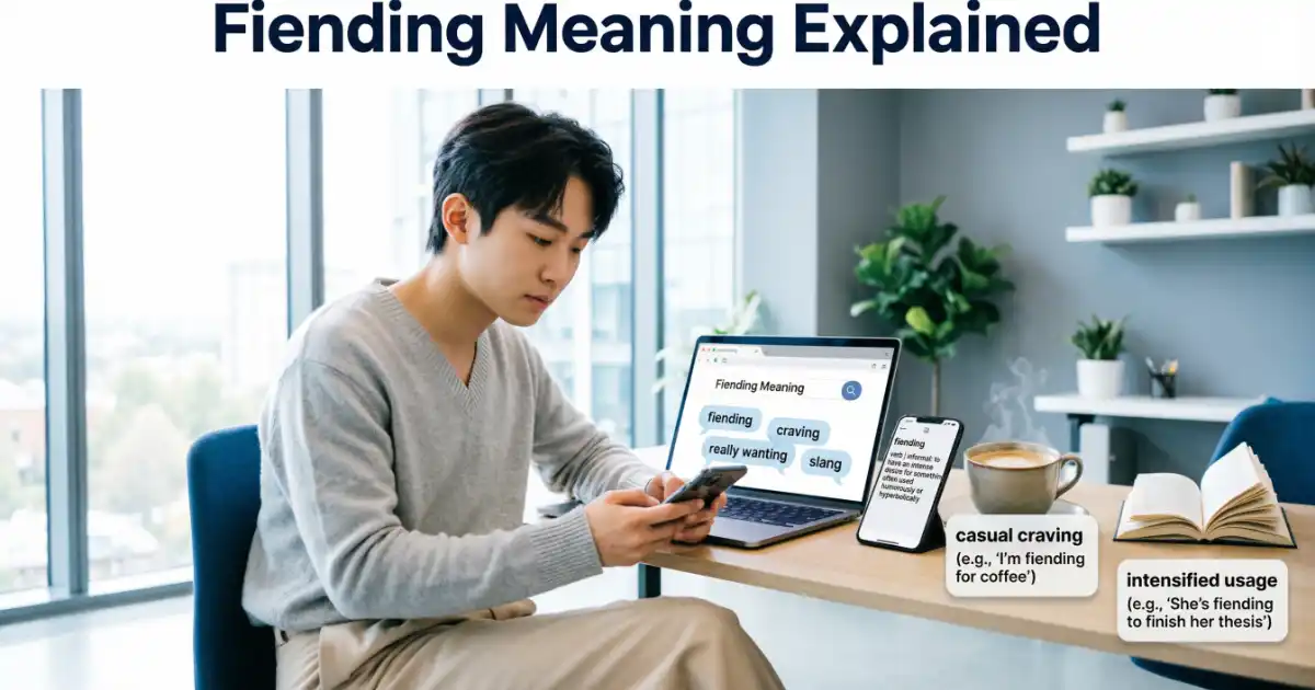 Person researching the meaning of fiending slang on a laptop and smartphone
